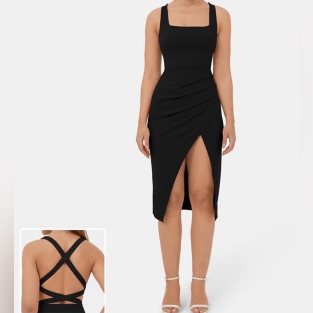 Halara Cloudful Air Split hem Midi Dress Ruched Square neck Cross back S NEW